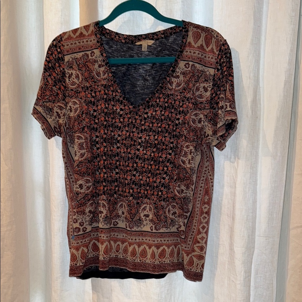 Lucky Brand Navy, Brown and Orange Short Sleeve Blouse